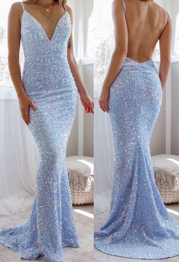 Gorgeous Spaghetti-Straps Backless Prom Dress Mermaid Sequins Sleeveless