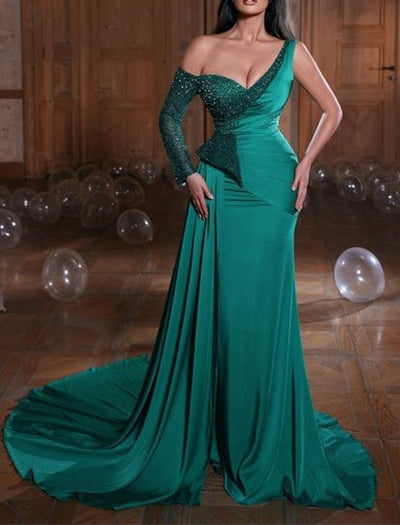 Modern Dark Green One Shoulder Long SLeeve Prom Dress