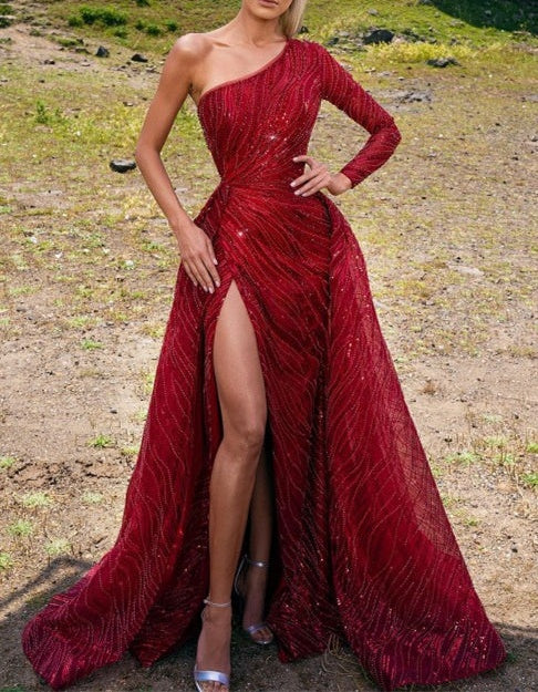 Charming Red Beading One Shoulder Long A-line Prom Dress Split