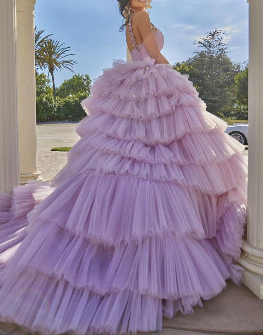 Beautiful A-line Lilac Straps Ruffles Sleeveless Prom Dress