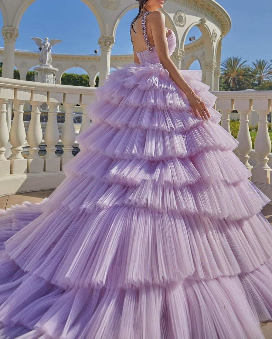 Beautiful A-line Lilac Straps Ruffles Sleeveless Prom Dress