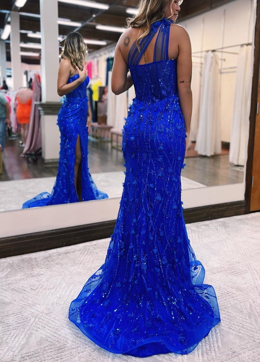 Gorgeous Royal Blue One Shoulder Mermaid Lace Prom Dress Split Online