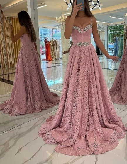 Gorgeous Pink Spaghetti-Straps Prom Dress Lace Holiday Dress Long