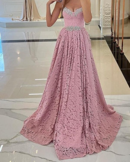 Gorgeous Pink Spaghetti-Straps Prom Dress Lace Holiday Dress Long