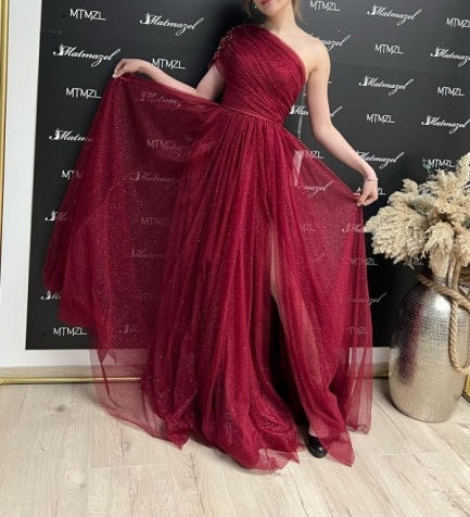 ombreprom Fabulous Burgundy One Shoulder Sleeveless Prom Dress With Slit Long Glitter