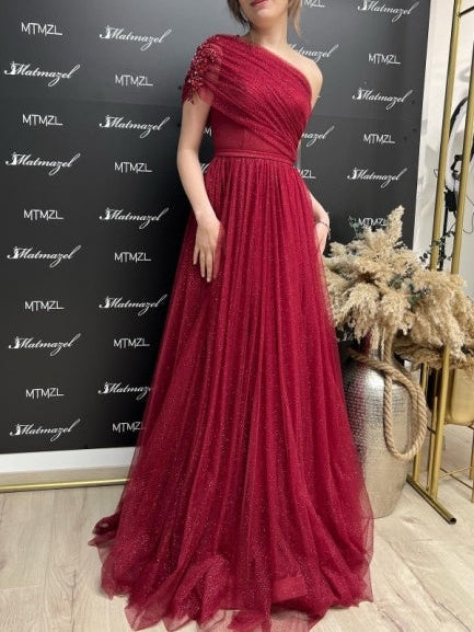 ombreprom Fabulous Burgundy One Shoulder Sleeveless Prom Dress With Slit Long Glitter