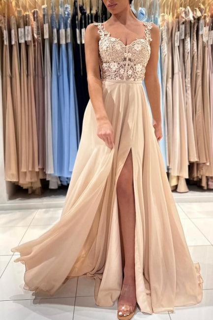 ombreprom Chic Lace Sleeveless Prom Dress With Slit Long Champagne