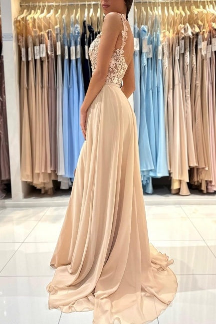 ombreprom Chic Lace Sleeveless Prom Dress With Slit Long Champagne