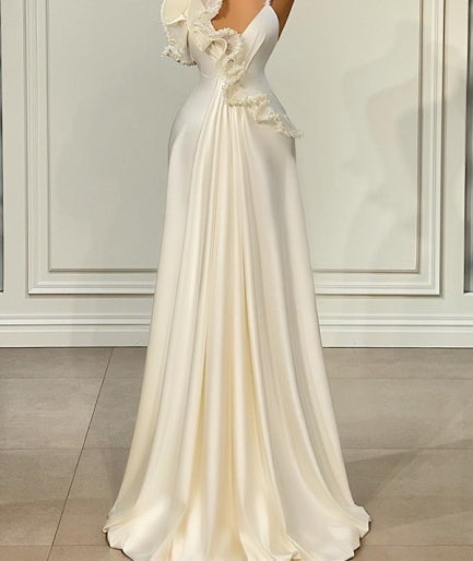 Fabulous White Satin Evening Prom Dresses with Ruffles