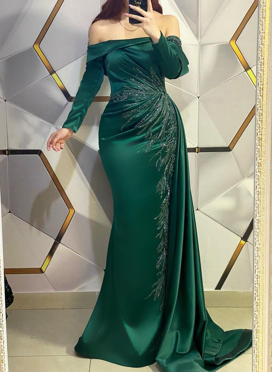 Modern Long Dark Green Mermaid Off-the-shoulder Lace Evening Prom Dresses With Long Sleeves