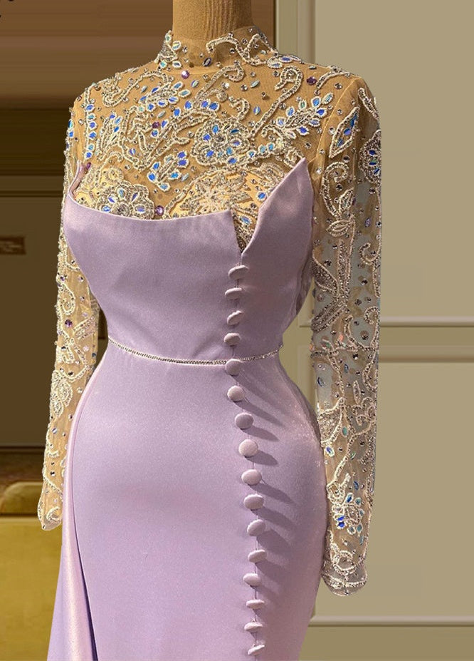 Charming Long Mermaid High Neck Lace Beading Evening Prom Dresses With Long Sleeves