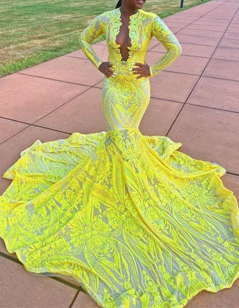 Amazing Yellow V-Neck Long Sleeve Long Appliques Mermaid Prom Dress