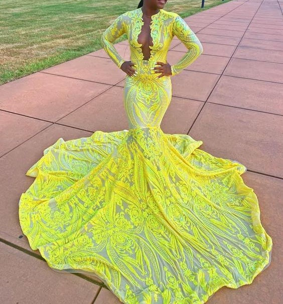 Amazing Yellow V-Neck Long Sleeve Long Appliques Mermaid Prom Dress
