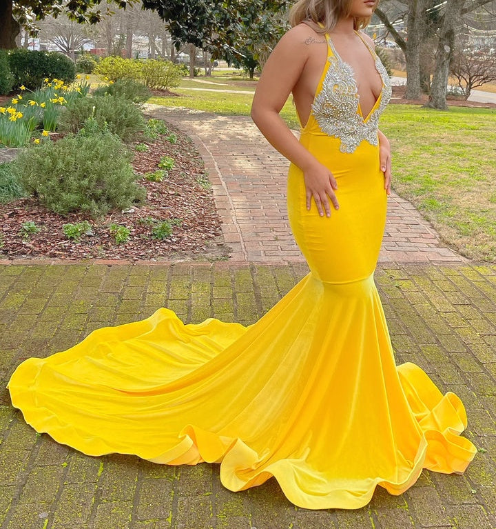 Yellow Appliques Lace V-Neck Spaghetti Straps Long Mermaid Prom Dress