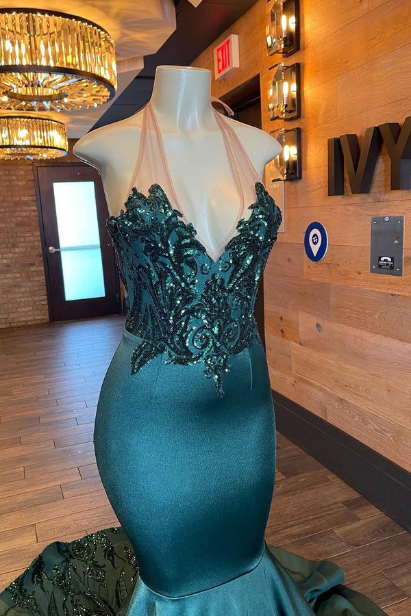 Glamorou V-Neck Sleeveless Halter Mermaid Prom Dress With Beading
