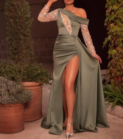 New Arrival One Shoulder Beading Split Graduation Dresses Long Prom Dresses With Long Sleeves