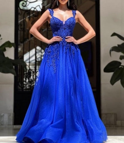Royal Long Blue Sleeveless Prom Dresses A-line Lace Graduation Dresses