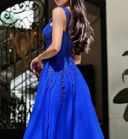 Royal Long Blue Sleeveless Prom Dresses A-line Lace Graduation Dresses