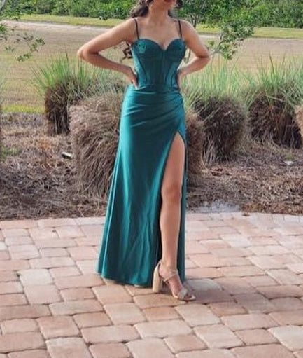 Elegant Long Dark Green Sleeveless Spaghetti Straps Prom Dresses With Split Online