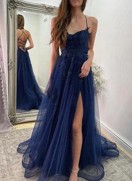 Navy Blue Halter Front Slit Spaghetti Straps A-Line Tulle Prom Dress
