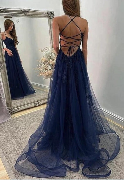 Navy Blue Halter Front Slit Spaghetti Straps A-Line Tulle Prom Dress