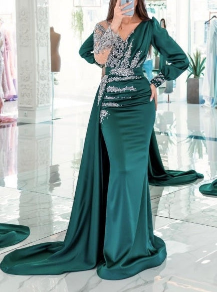 Elegant V-neck Long Sleeves Mermaid Prom Dresses With Ruffles Long