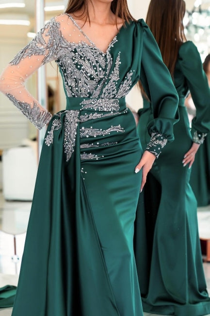 Elegant V-neck Long Sleeves Mermaid Prom Dresses With Ruffles Long