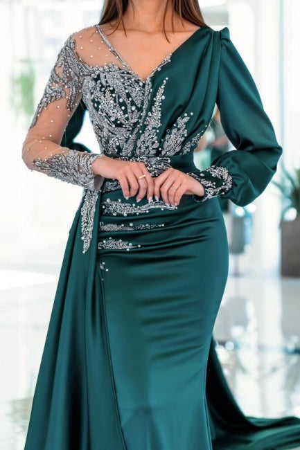 Elegant V-neck Long Sleeves Mermaid Prom Dresses With Ruffles Long