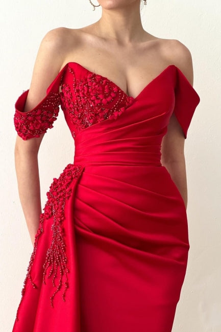 Elegant Long Red Mermaid Off-the-Shoulder Lace Prom Dresses