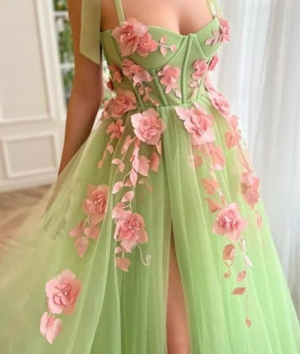 Modest Spaghetti-Straps Sleeveless Long soft net Prom Dress With Front Split