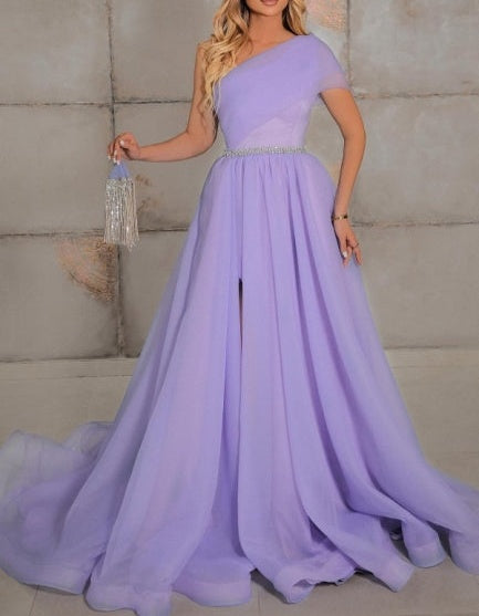 Fabulous One Shoulder Sleeveless Long Prom Dress Ribbons
