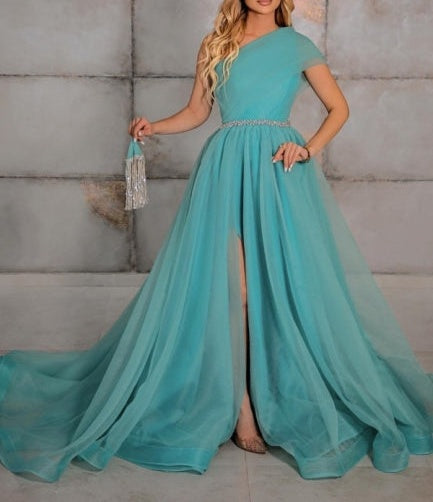 Fabulous One Shoulder Sleeveless Long Prom Dress Ribbons