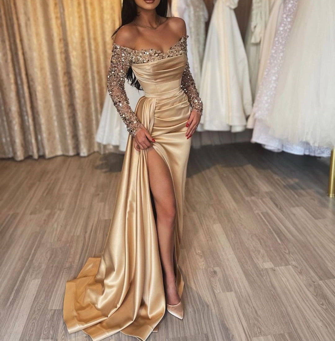 Classy Long Off-the-Shoulder Sequins Split Prom Dresses With Long Sleeves