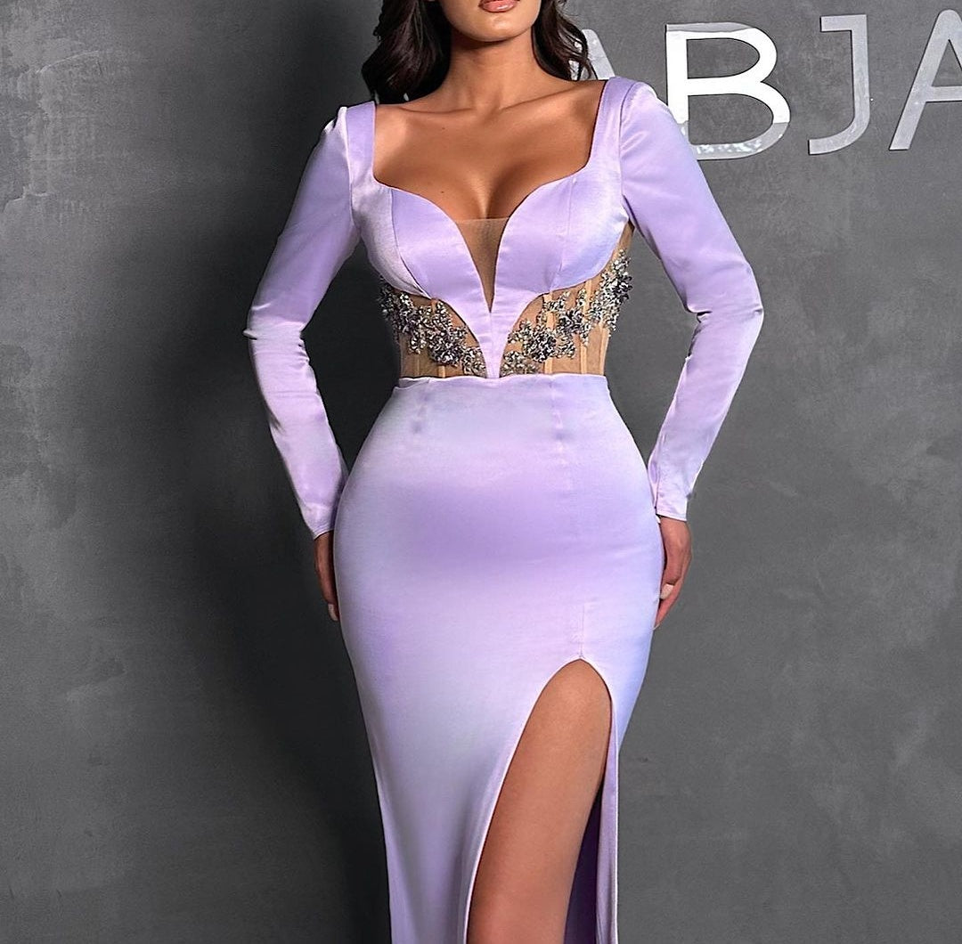 Charming Long Lilac Mermaid Beading Long Sleeves Prom Dresses Long Slit Online