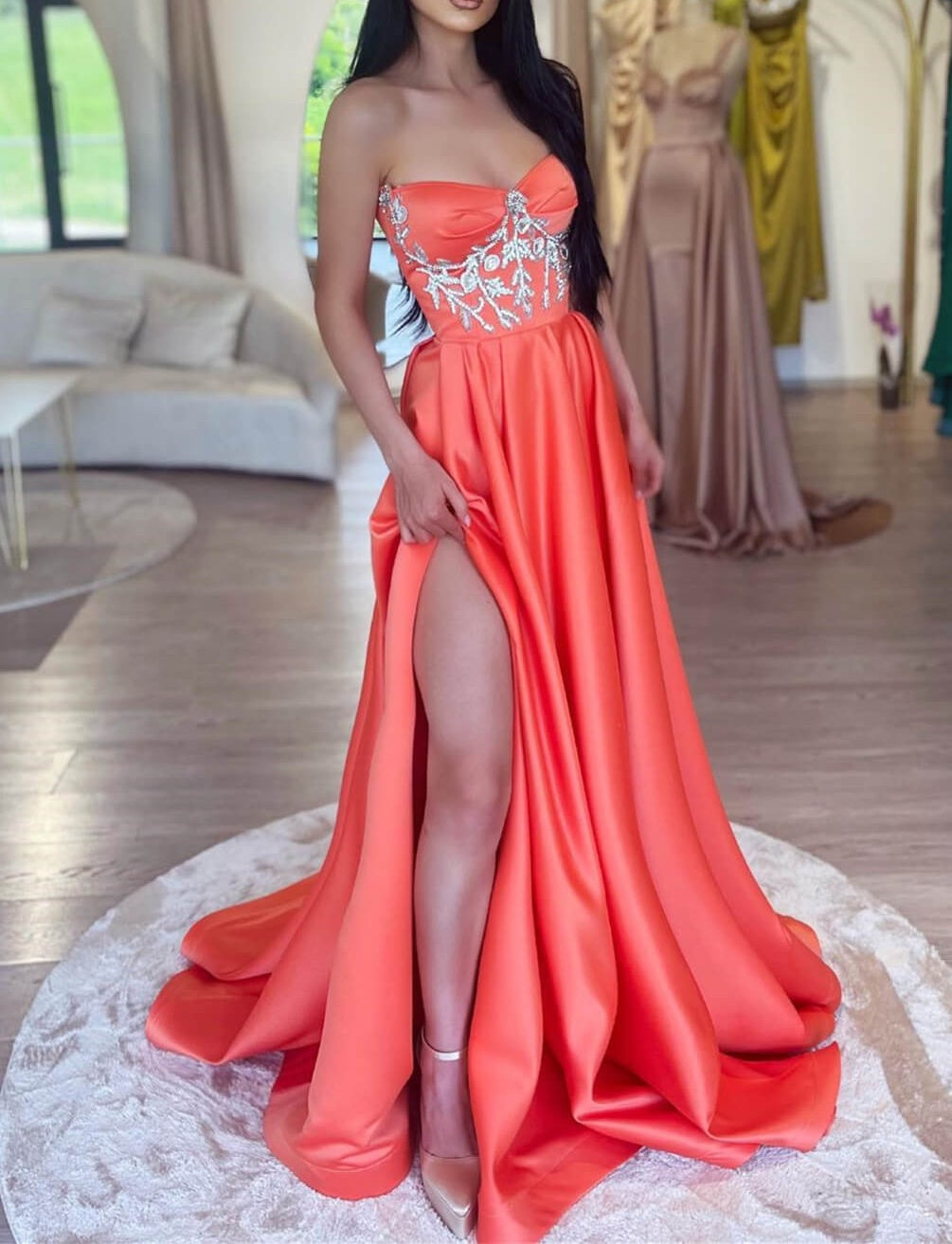 Chic Sleeveless Orange A-Line Prom Dress Slit Long With Beads