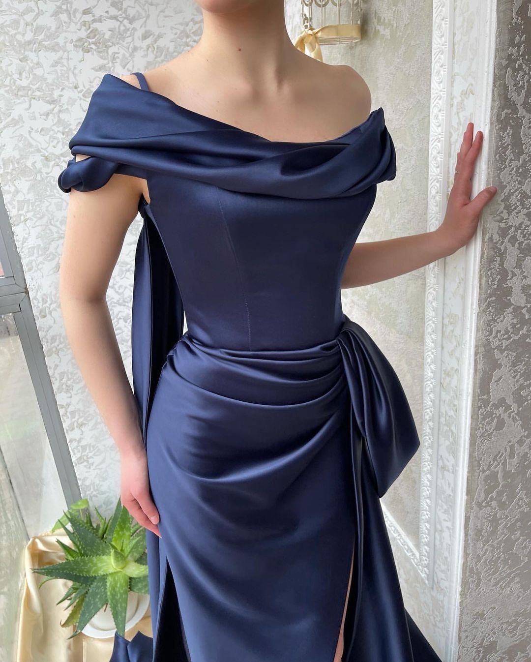 Amazing Long Navy Off-the-Shoulder Mermaid Prom Dresses Long Slit Online