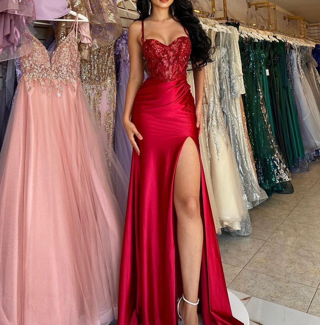 Elegant Long Red Spaghetti Straps Sequins Lace Sleeveless Prom Dresses Long Slit Online