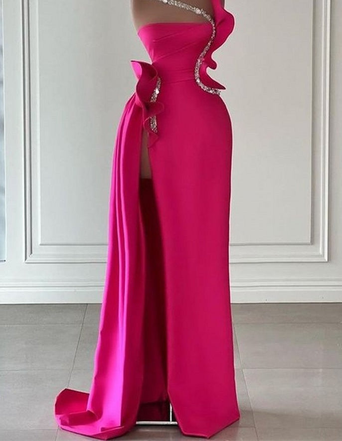 Elegant Long Glitter Sleeveless Front Split Long Prom Dresses With Ruffles Long