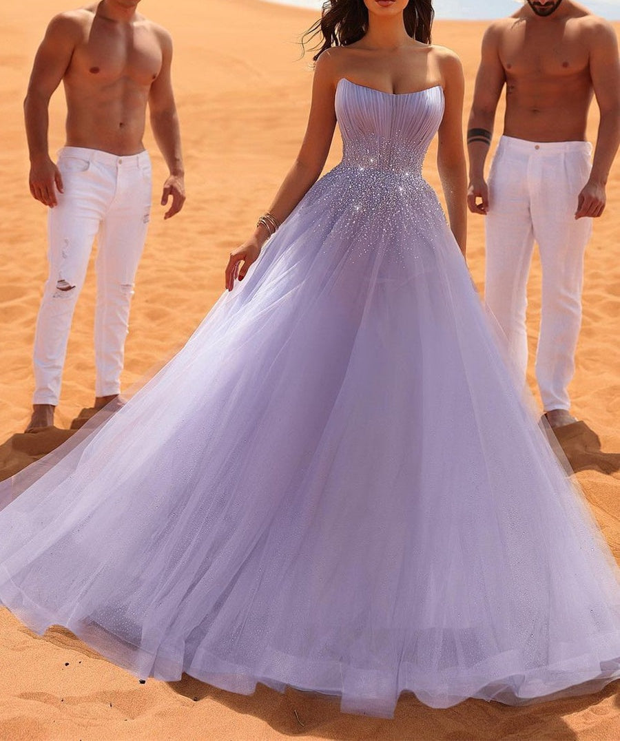 Charming Long Lilac Sleeveless Crystals Tulle Prom Dresses