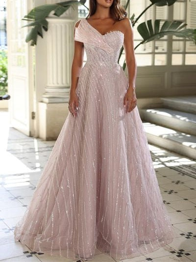 New Arrival Sweetheart Sleeveless One-Shoulder Sequins Prom Dresses