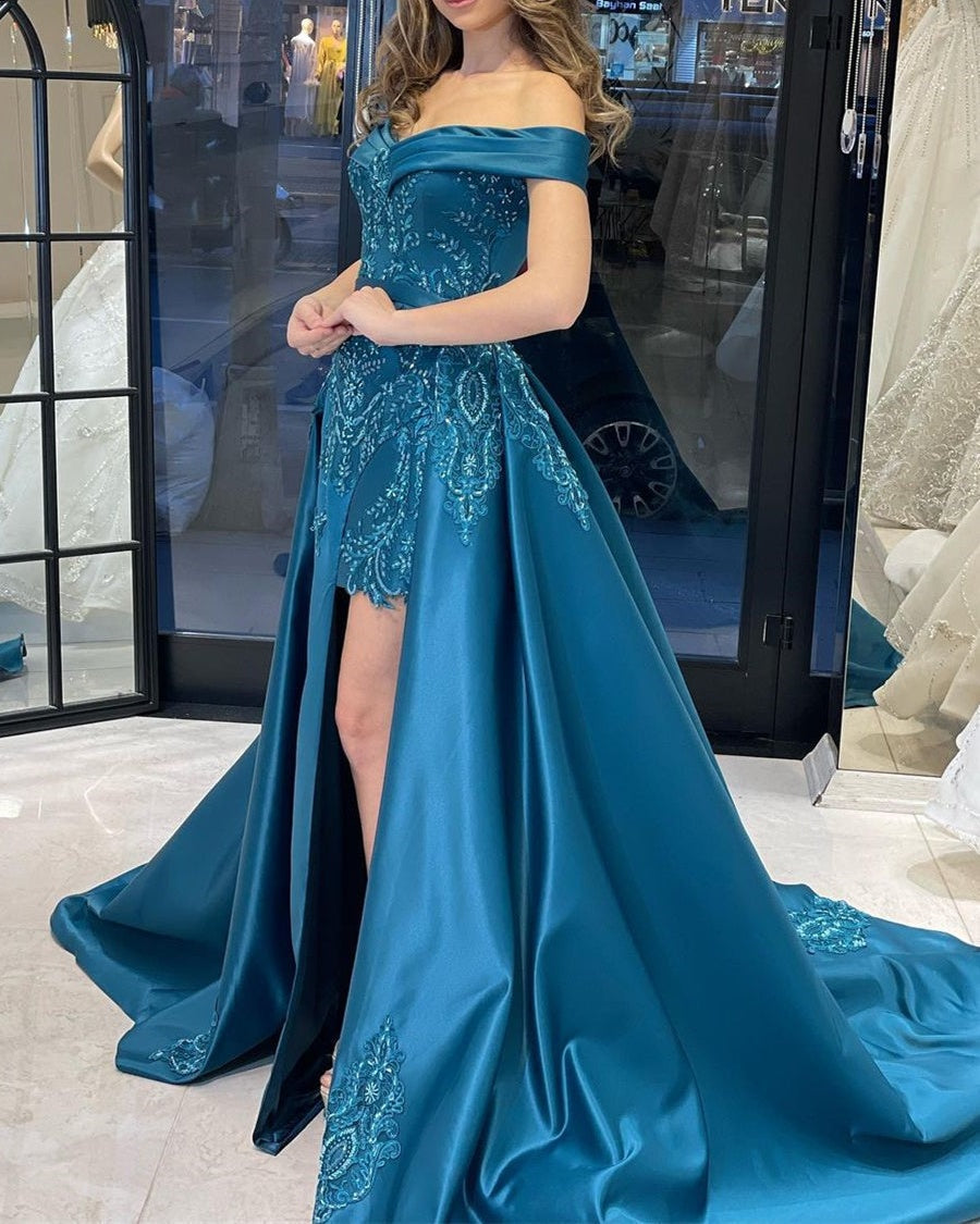 Elegant Sweetheart Off-the-Shoulder Sheath Ribbon Prom Dresses with Appliques