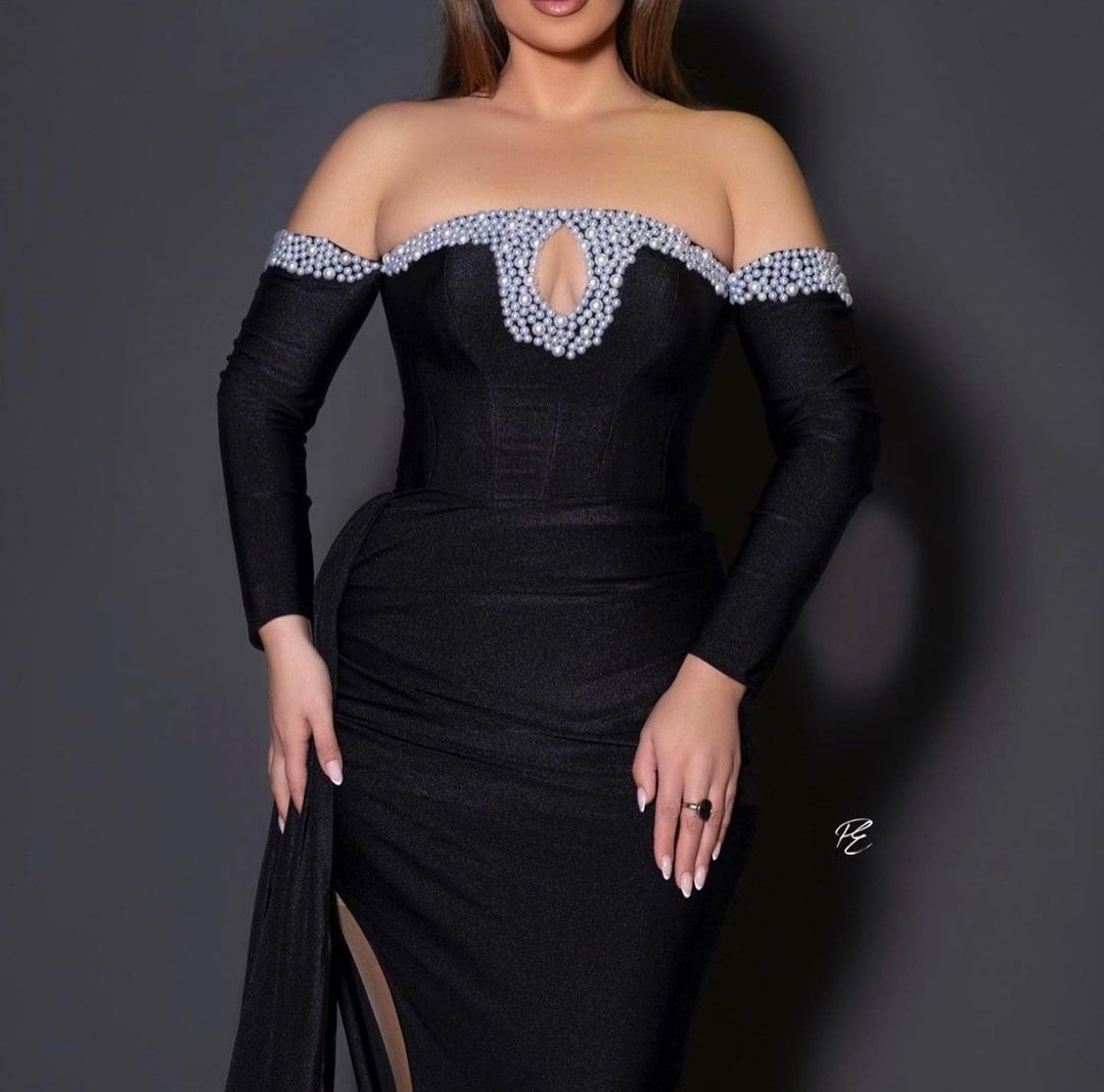 Chic Black Long Sleeves Mermaid Prom Dresses with beads