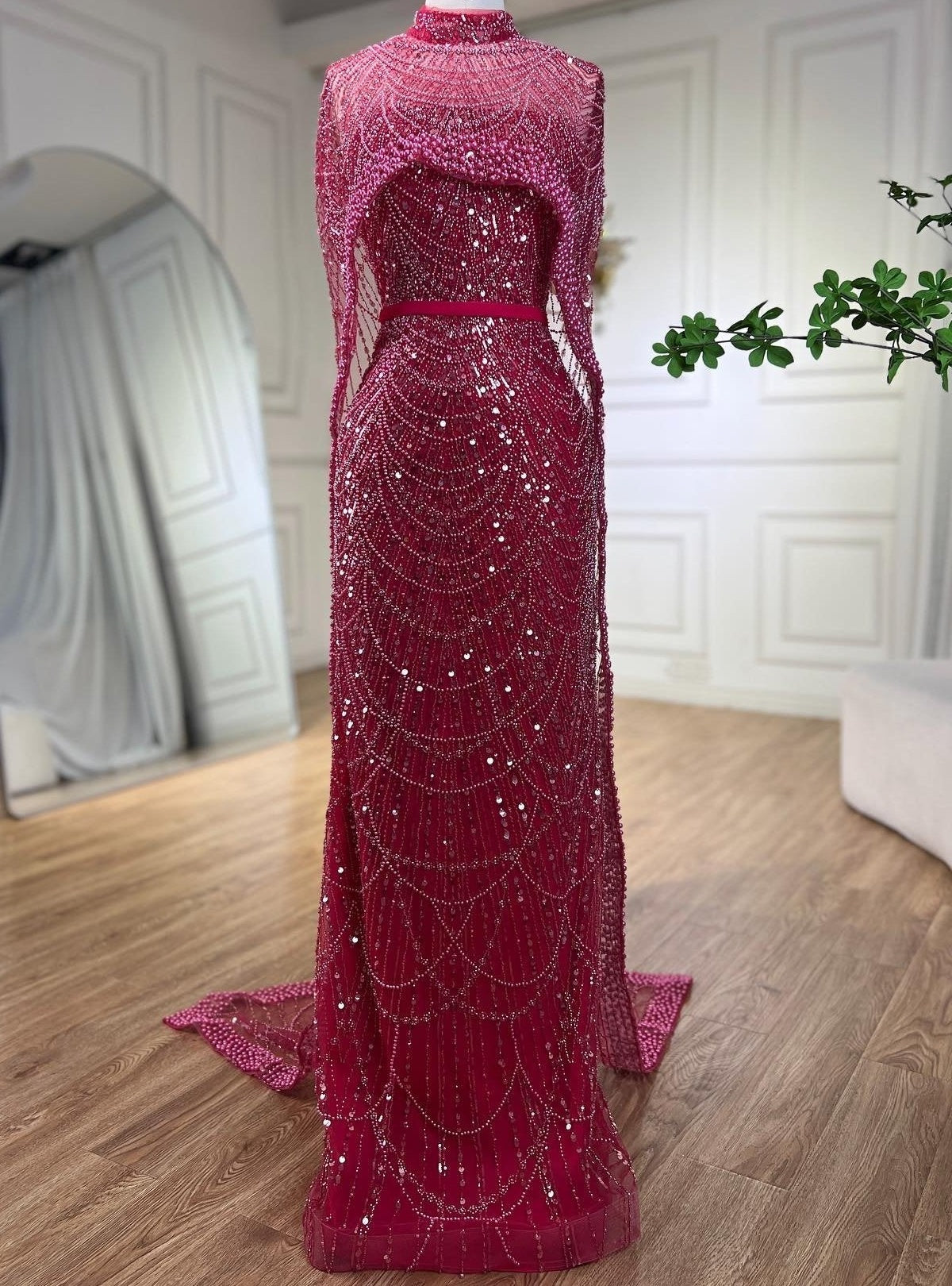 Gorgeous Fuchsia Mermaid Prom Dress Beadings Pearls With Cape