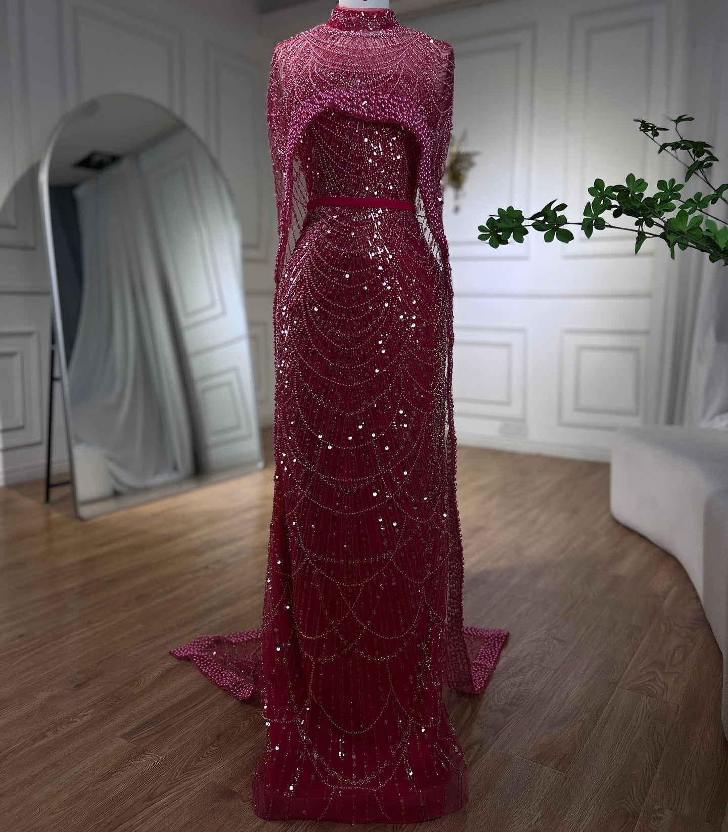 Gorgeous Fuchsia Mermaid Prom Dress Beadings Pearls With Cape