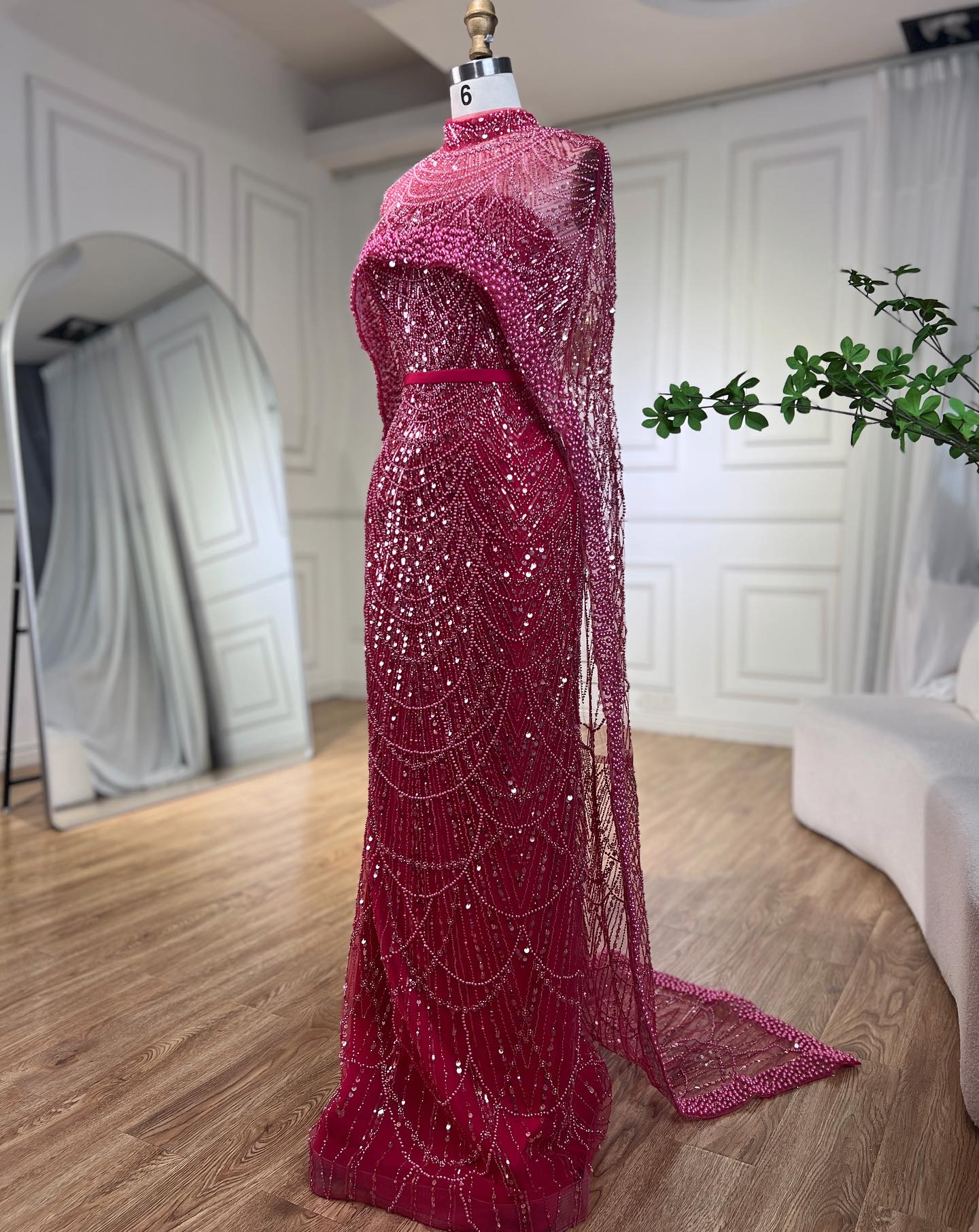 Gorgeous Fuchsia Mermaid Prom Dress Beadings Pearls With Cape