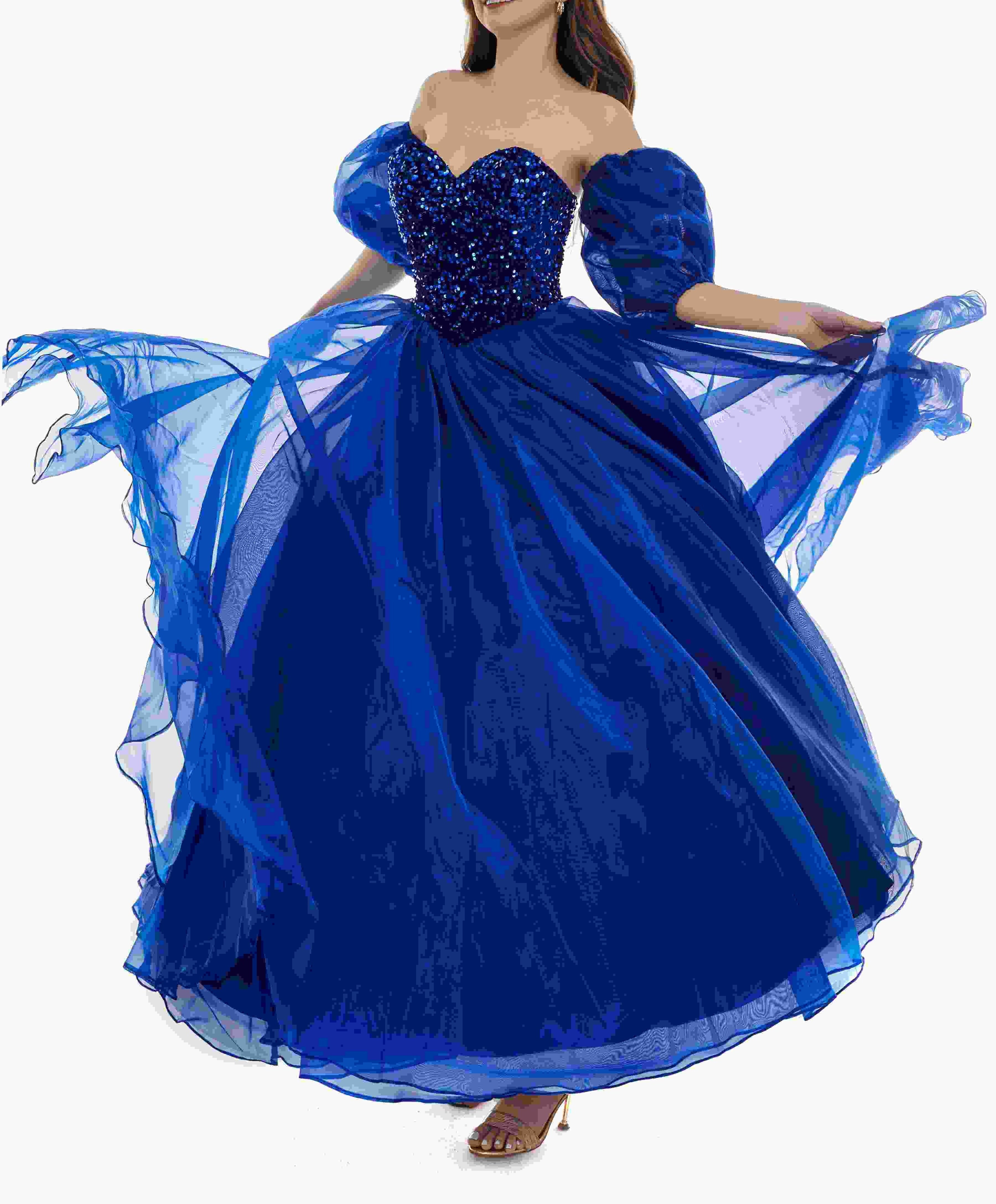 Sweetheart Royal Blue Bubble Sleeves Ball Gown Beaded Prom Dresses