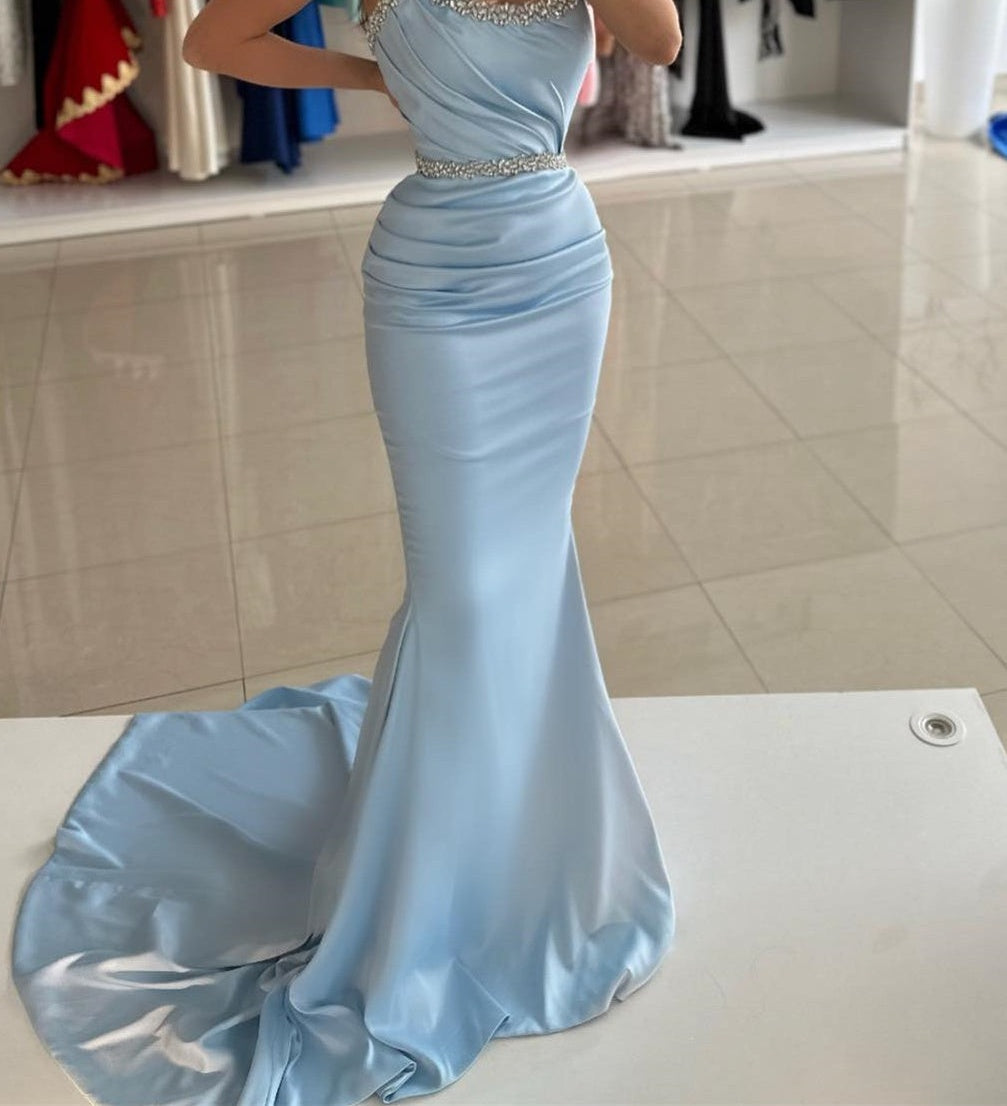 ombreprom Sky Blue Strapless Mermaid Prom Dress With Beads