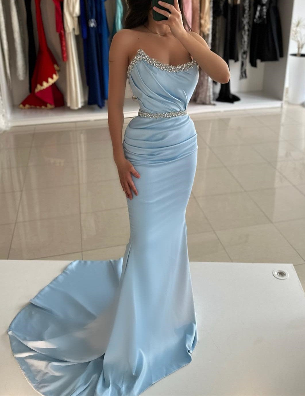 ombreprom Sky Blue Strapless Mermaid Prom Dress With Beads