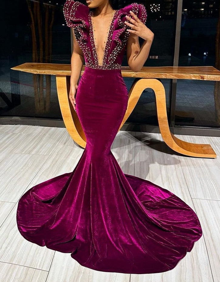 Deep V-Neck Mermaid Sweep Train Beading Prom Dress