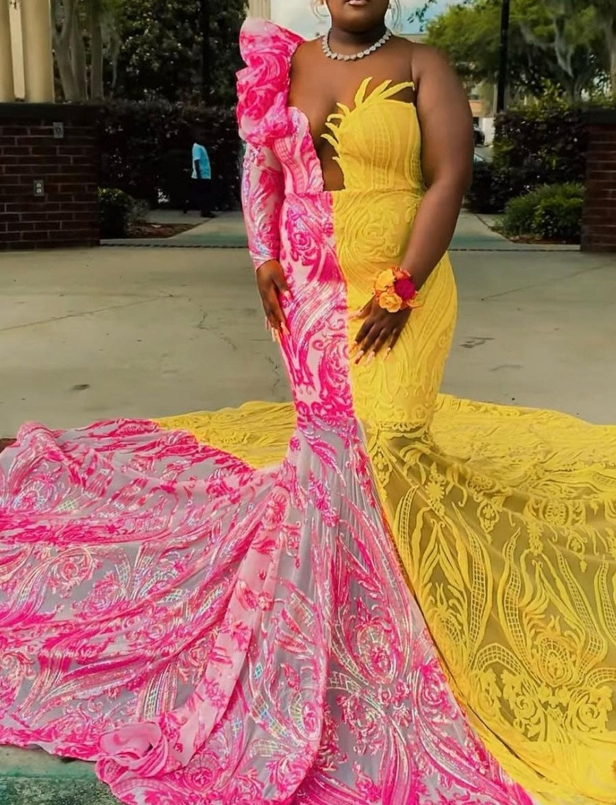 V-Neck One-Shoulder Sequins Mermaid Prom Dress